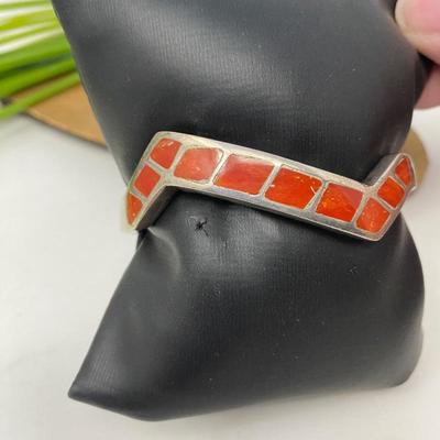  Vintage Coral Cuff Bracelet Solid Sterling Silver Sz. Small