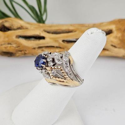  Ornate 14k & Sterling Dome Ring w/ Round Synthetic Sapphire and Real Diamonds - Ring Size 4.5 - Total Weight 8.3g