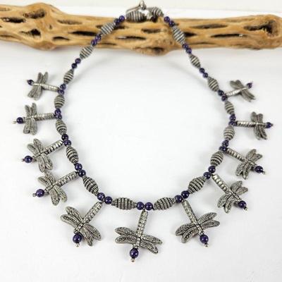 Impressive Heavy Weight Sterling Dragonfly Necklace with Purple Amethyst Accent Beads - 16