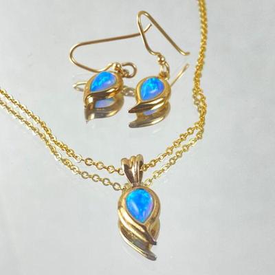 Teardrop Blue Opal Necklace & Earring Set- Gold on Sterling Silver