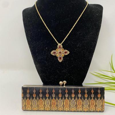 10k Yellow Gold Byzantine Cross Garnet & Citrine Gemstones on Chain & Italian Leather & Gold Leaf Coin Purse