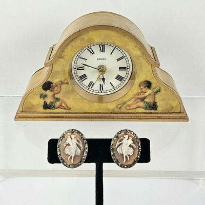 Vintage Italian Shell Dancer Cameo Earrings Plus Small Mantel Clock with Cupids