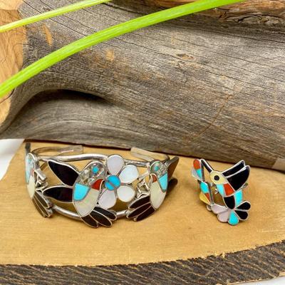  Wesley & Ella Gia Sterling Silver Hummingbird & Flower Zuni Bracelet & Ring