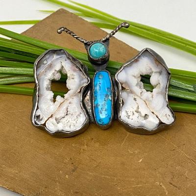 Custom Crafted Sterling Silver Butterfly Brooch/Pin w/ Turquoise & Agate