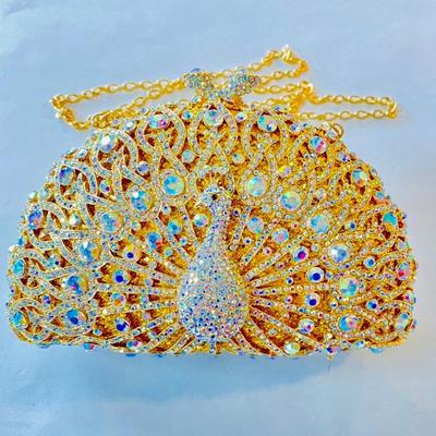 Peacock Luxury Evening Bag - Bridal Clutch in Gold and Clear Crystals -NEW 