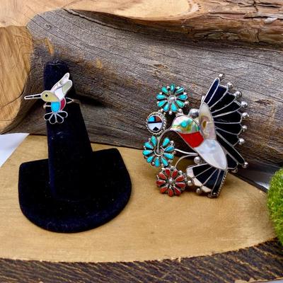 Zuni Multicolored Inlay Hummingbird Pendant or Brooch & Ring