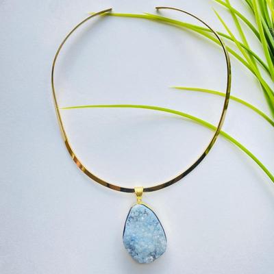 Blue Quartz Druzy Crystal Pendant Gold Tone Necklace