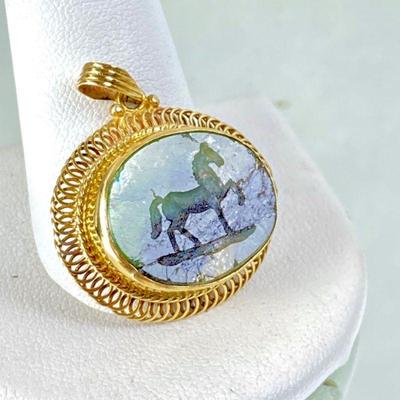 Beautiful Carved Green Tone Agate Pendant in 14k Gold Frame - Horse Carved into the 1