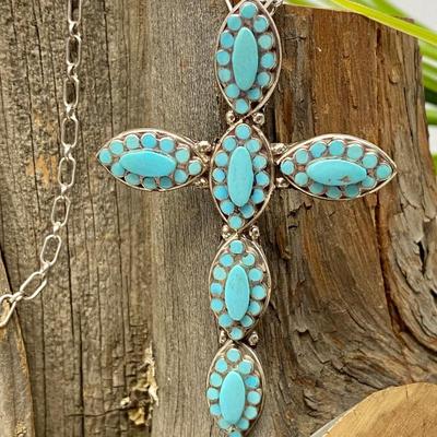 Sterling Silver Large Cluster Cross w/ Turquoise on 20â€ Chain