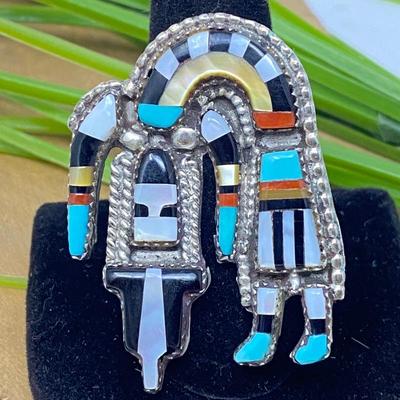  Vintage Zuni Rainbow Man Sterling Silver Inlaid Ring sz. 8.5