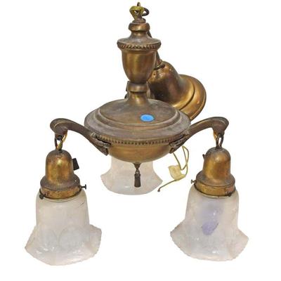 
Lot 382
Semi antique bronze finish 3 burner light fixture with etched glass shades
