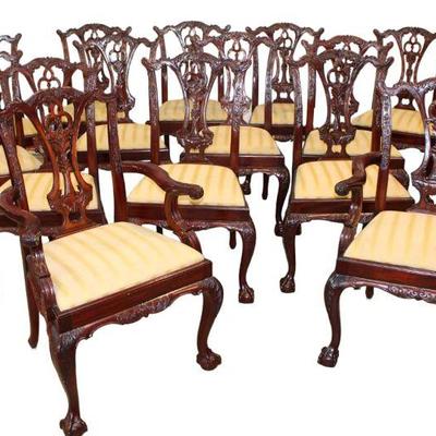 
Lot 298
Impressive set of 14 solid mahogany Chippendale style, ball and claw dining room chairs, seats have some staining
