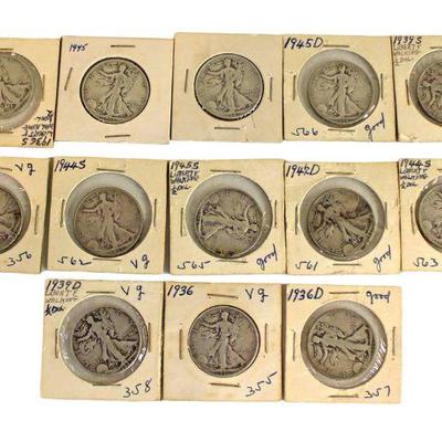 
Lot 292
13 count US Walking Liberty half dollars Various dates 1936-1945
