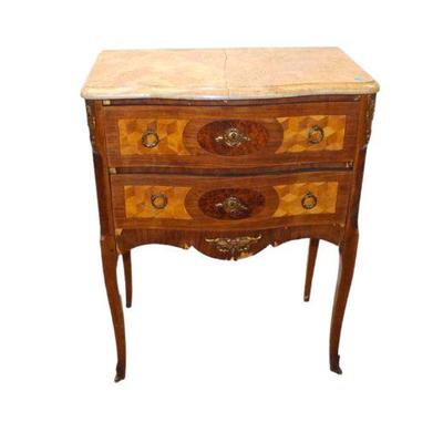 
Lot 311
Antique French marble top 2 drawer chest with applied bronze
