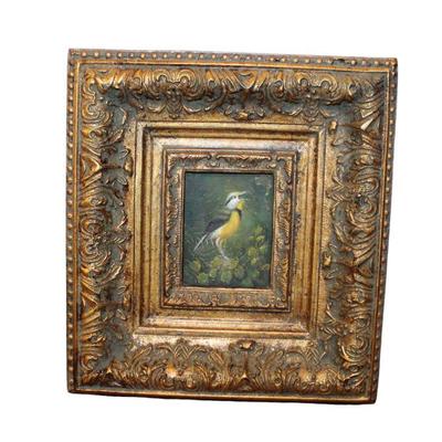 
Lot 247
Carved frame oil on board of bird approx. 9" w x 10" h
