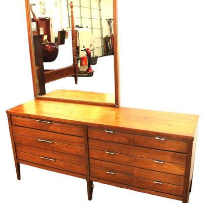 
Lot 184
Mid century modern Lane burl walnut with inlay low chest and mirror

