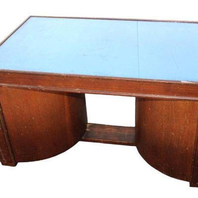 
Lot 199
Depression art deco style blue glass swivel side bar
