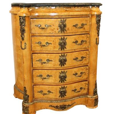 
Lot 145
French style 5 drawer marble top chest with heavily applied bronze
