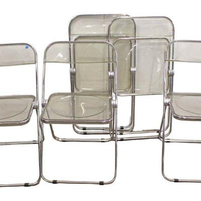 
Lot 159
Set of 5 mid century chrome and Lucite seat Playa folding chairs by Jean Carlo Loretta for Castelli made in Italy
