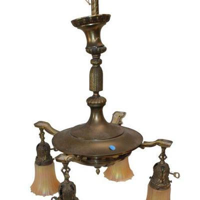 
Lot 381
Semi antique bronze finish 4 burner light fixture with art glass shades

