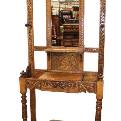 
Lot 345
Antique highly carved oak 1 drawer hall rack, nice size
