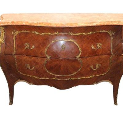 
Lot 396
French style marble top 2 drawer dresser with applied bronze

