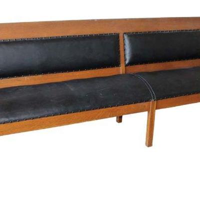 
Lot 230
Large antique oak railroad bench with leather seats
