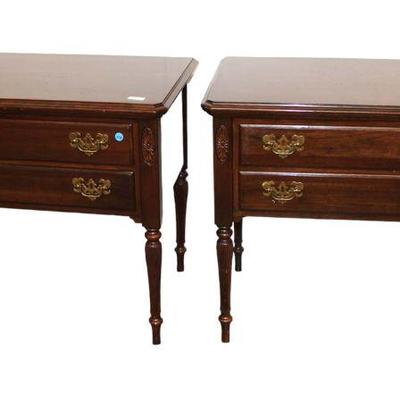 
Lot 114
Pair of Ethan Allen solid cherry fluted leg 2 drawer bedside stands with surface scratches on top
