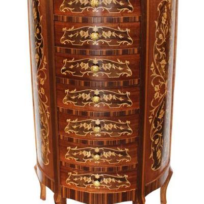 
Lot 397
French style 7 drawer Demilune inlaid lingerie chest in the exotic woods
