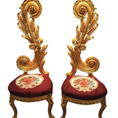 
Lot 401
Pair of French style carved and fancy fantasy chairs with nice upholstery
