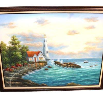 
Lot 253
Large signed oil on canvas of oceanic lighthouse
