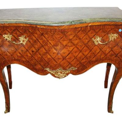 
Lot 350
French style multi wood parquet front marble top 1 drawer commode
