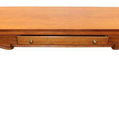 
Lot 316
Vintage Mt. Airy burl walnut flip top extension table with 1 drawer
