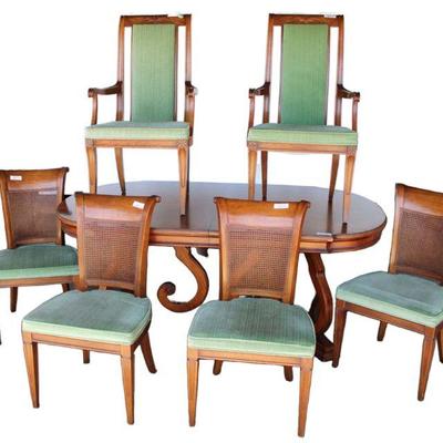 
Lot 223
Vintage White Furniture walnut and pecan dining room table with (2) 20" leaves and 6 chairs
