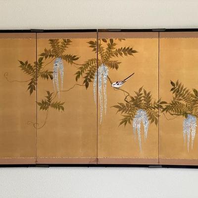 Japanese 4 Panel Painted Silk Screen Modern