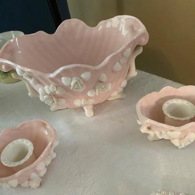 Jeanette Glass, Shell Pink Console with Candle Holders
