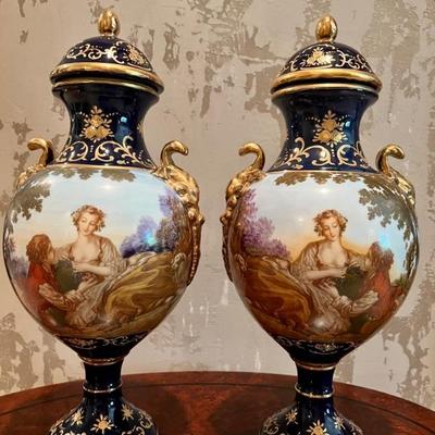Sevres Style Porcelain Urns Shaped vase and cover.