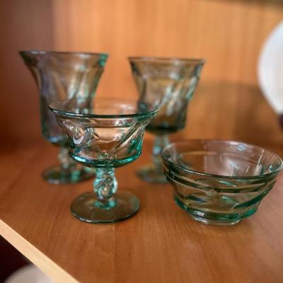 Jamestown Green by Fostoria Circa 1958-1974 
Dessert bowl $6 each
Champagne/sherbert glass $6 each
Water goblet $7each
Iced tea $8