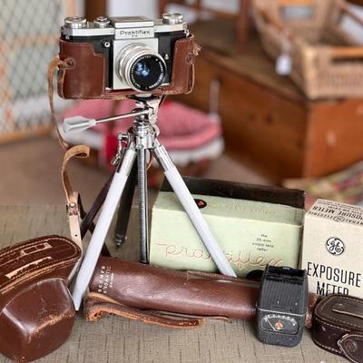 SOLD Praktiflex FX camera 
Accura Risomatic Tripod $15
GE exposure meter $4