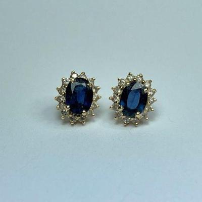 8mm x 6.1mm Oval Blue Sapphire and Diamond Halo Earrings