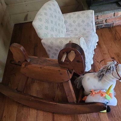 Child's Recliner Rocking Chair And Wooden Rocking Horse