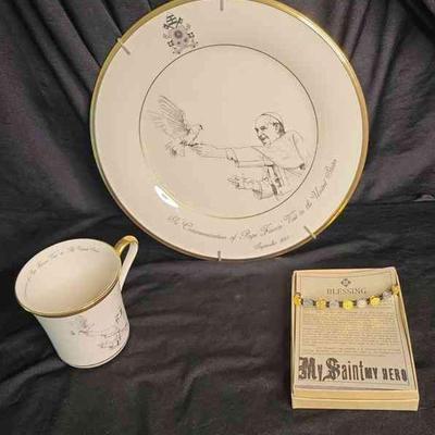 Pope Francis Commemorative Plate And Cup 2015 And Benedictine Blessing Bracelet