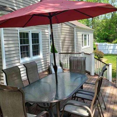 Patio Deck Table with Fortunoff Umbrella, 6 Chairs, And Chaise Lounge