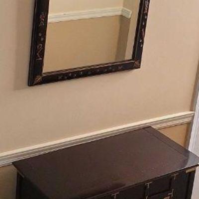 Asian Style Brass Like Trimmed Wooden Chest And Wall Mirror