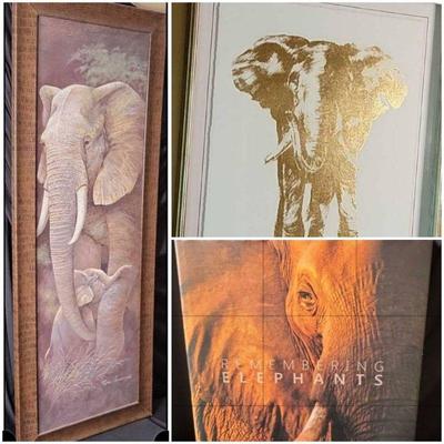 Elephant Gold Print, Framed Picture Of Elephant Mom with Baby, And Book.