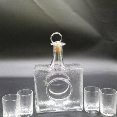 Vintage Ice Texture Mini Decanter With 4 Glasses Marked TW