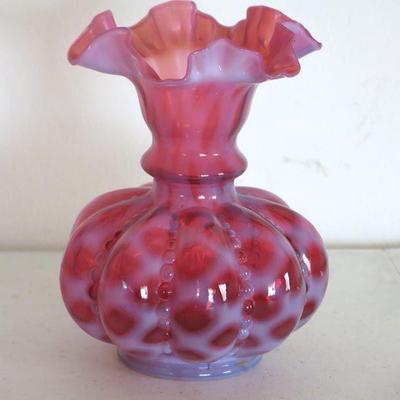 Fenton Cranberry and Opalescent Ruffle Top Vase