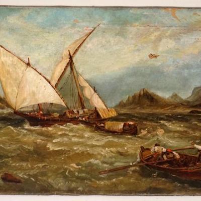 1145	ANTIQUE OIL PAINTING ON CANVAS SHIPS AT SEA DURING A STORM, DAMAGE TO CANVAS & PAINT LOSS, APPROXIMATELY 16 IN X 24 IN
