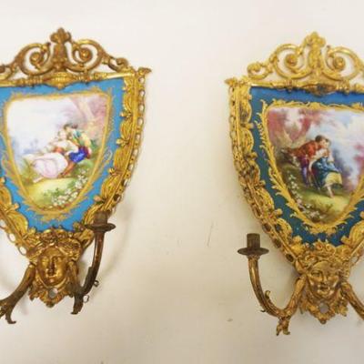 1007	ANTIQUE GILT BRASS & TILE WALL SCONCES, APPROXIMATELY 14 IN HIGH

