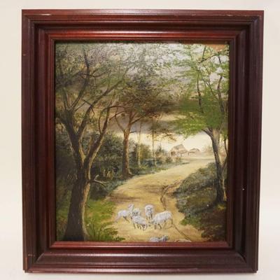 1144	OIL PAINTING ON BOARD FORREST W/SHEEP, SOME PAINT LOSS, APPROXIMATELY 22 IN X 26 IN OVERALL
